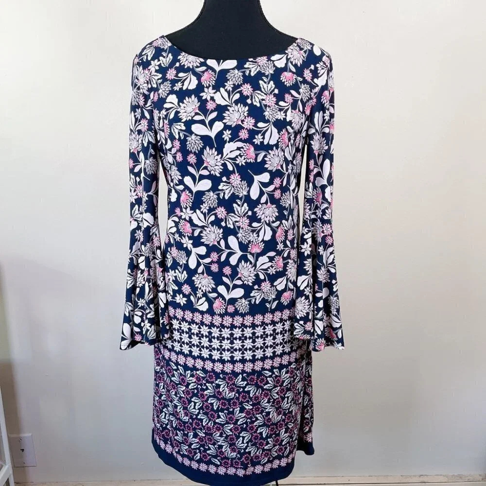 Eliza J Boat Neck Bell Sleeve Floral Navy Shift Dress